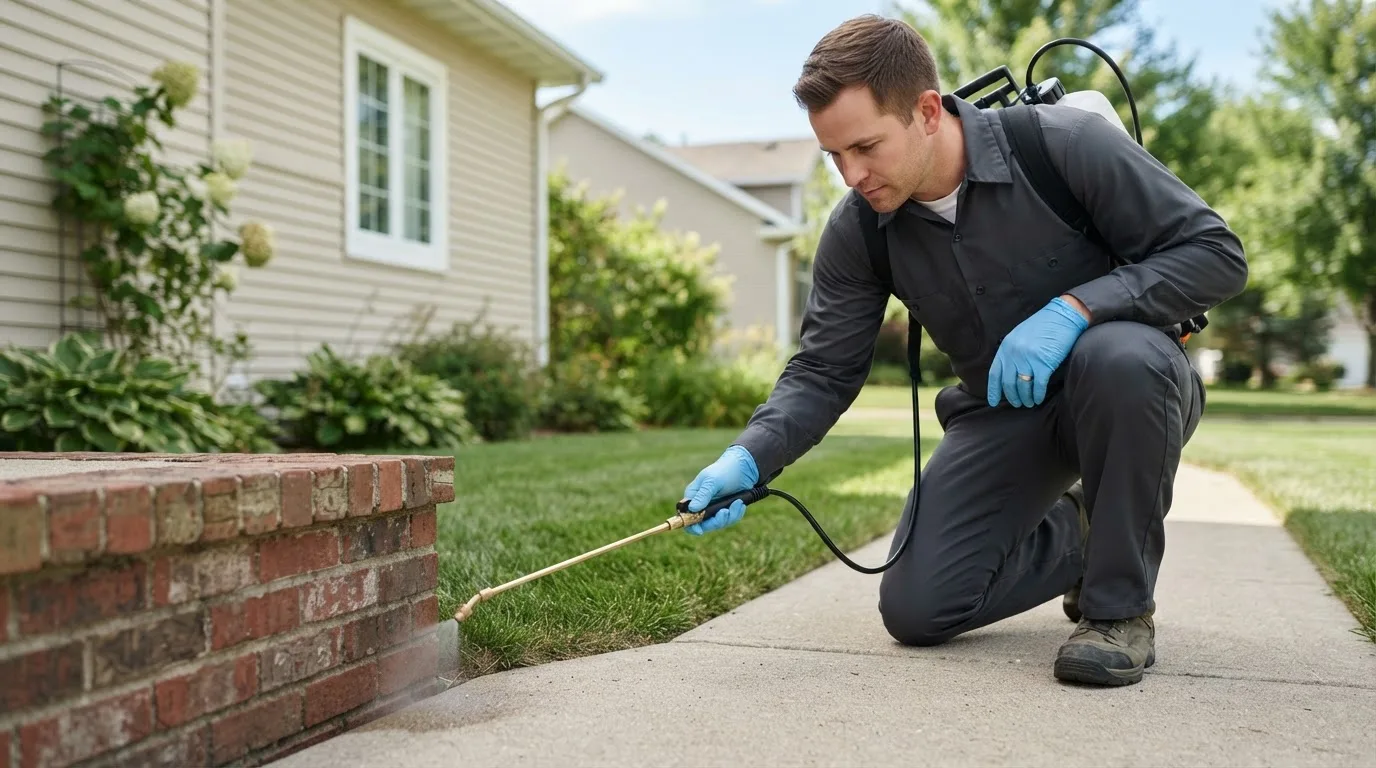 Pest control technician treating a home near Bomont, WV
