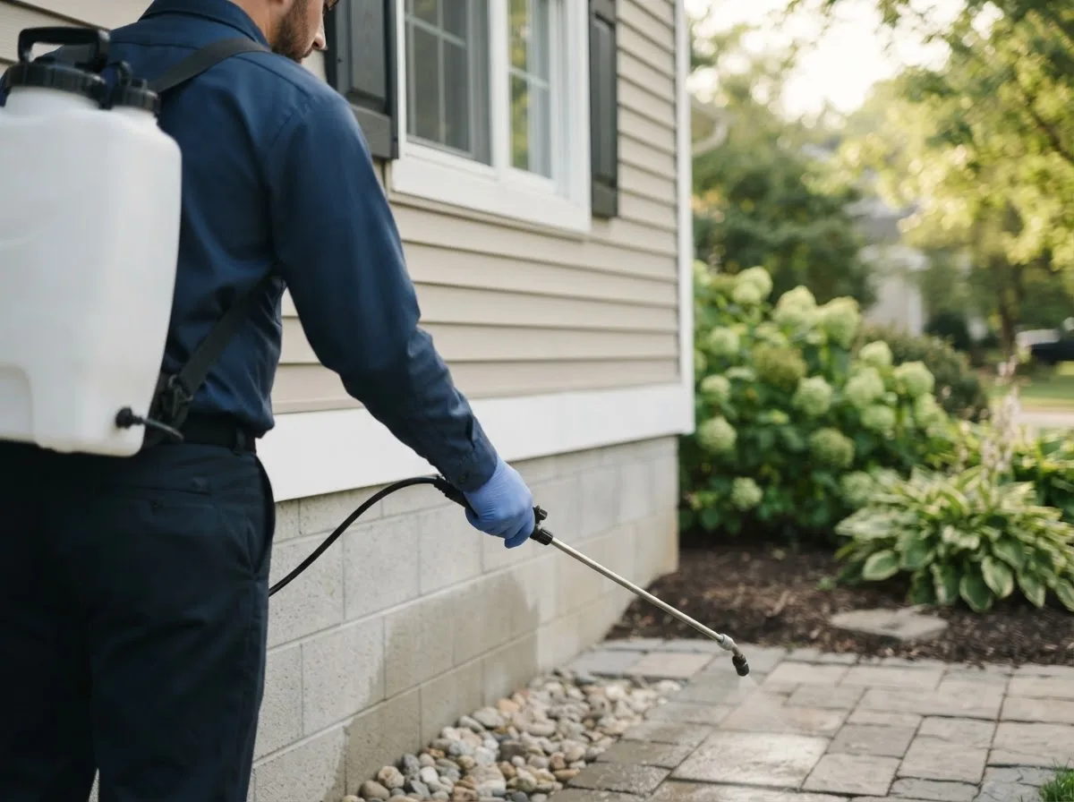 Pest control technician inspecting a home in Bomont, WV